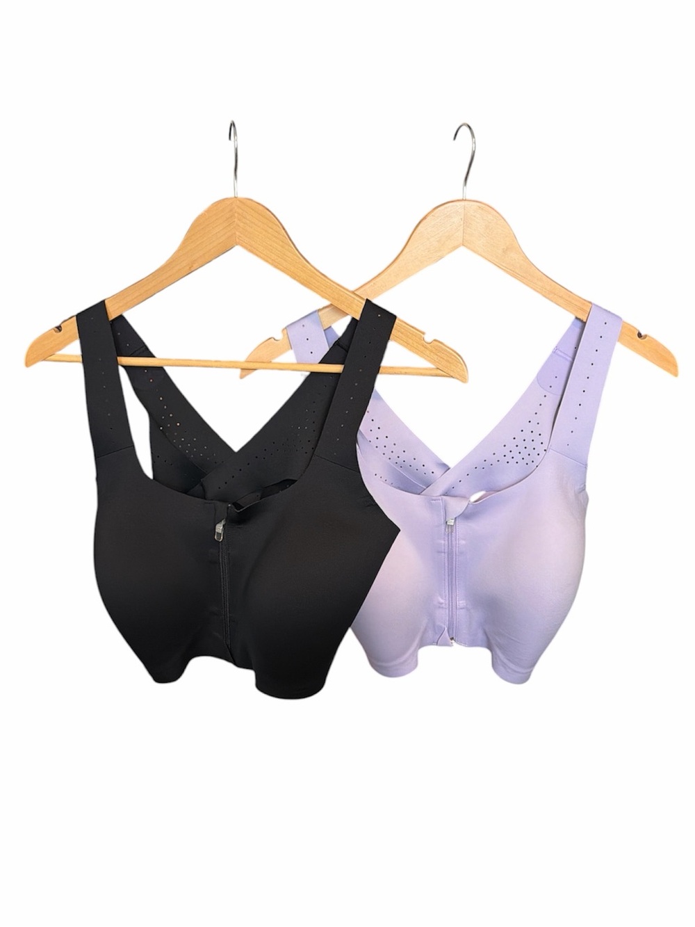 Lot of 2 Brooks sports bras 40C /D black lavender purple zip front workout gym